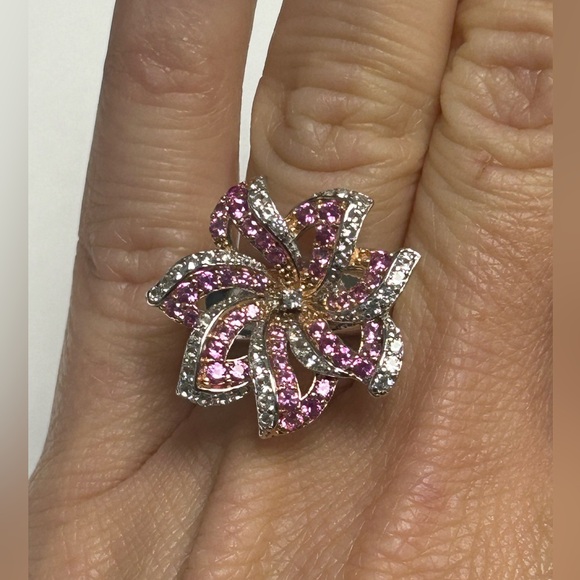 Suzy Levian Sterling Silver Pink Sapphire Created White Sapphire Floral Ring NWT - Picture 6 of 7